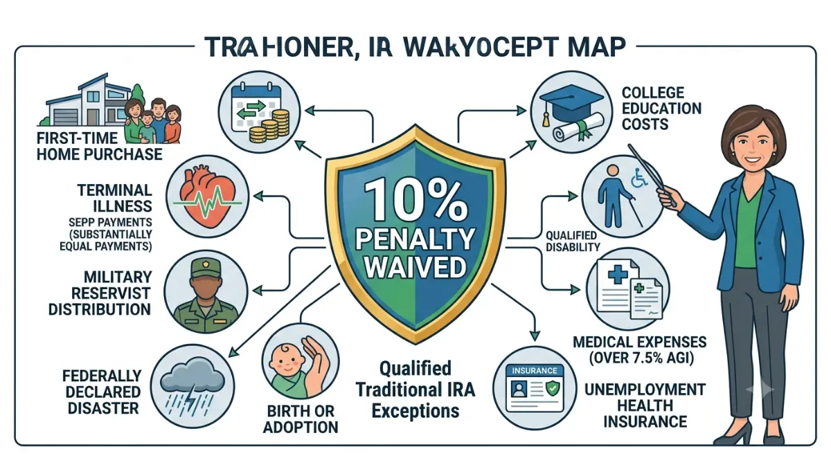 IRA Early Withdrawal Penalty exceptions illustration showing IRS-approved situations that may waive the 10% penalty, including first-home purchases, education, medical expenses, disability, and disaster relief.