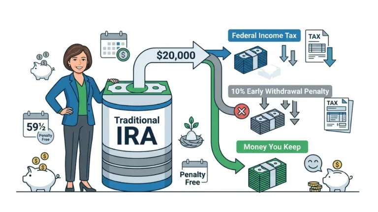 IRA Early Withdrawal Penalty illustration showing how an early IRA distribution is reduced by federal income tax, the 10% penalty, and the final cash received before age 59½.