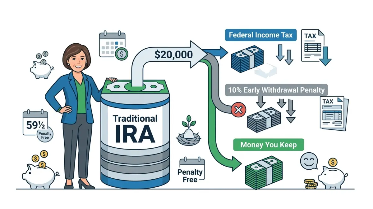 IRA Early Withdrawal Penalty illustration showing how an early IRA distribution is reduced by federal income tax, the 10% penalty, and the final cash received before age 59½.