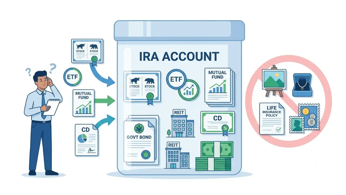 IRA Investments illustrated inside a retirement account container with stocks, ETFs, bonds, REITs, CDs, cash, and prohibited assets shown outside on a pure white background
