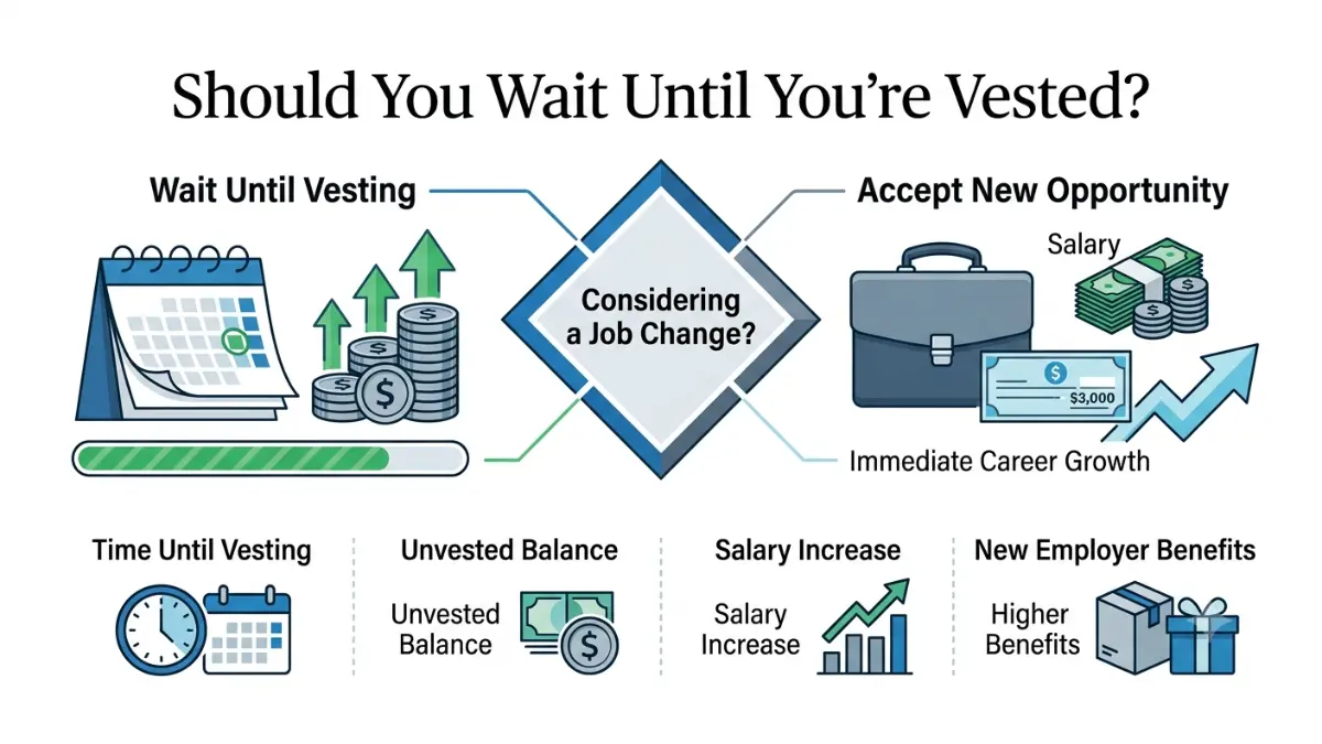 401(k) Vesting decision infographic showing whether to wait for vesting before changing jobs