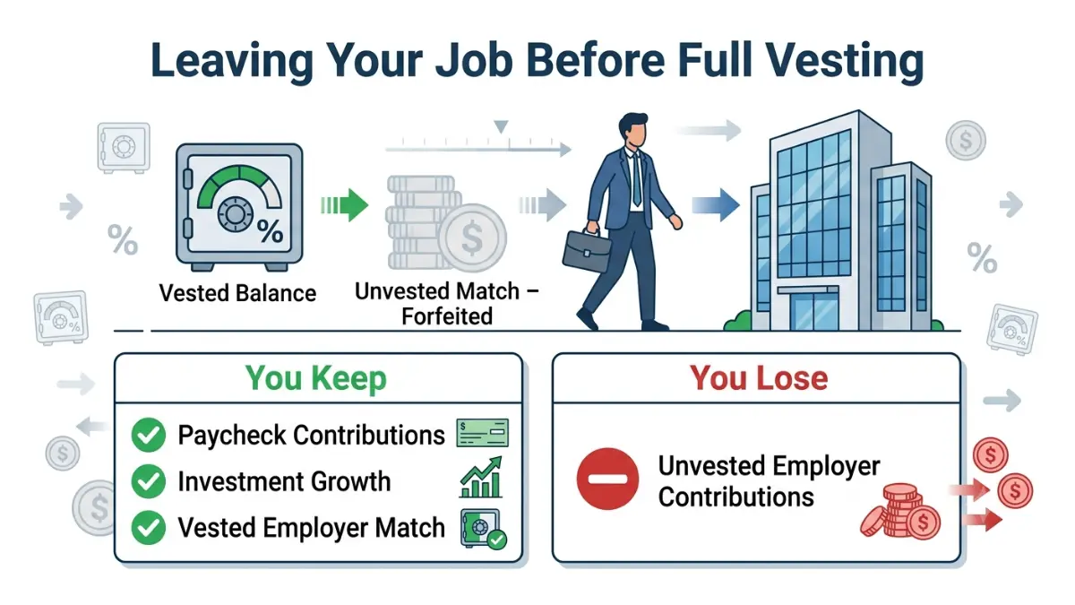 401(k) Vesting illustration showing what retirement savings you keep and what employer match you lose after leaving a job