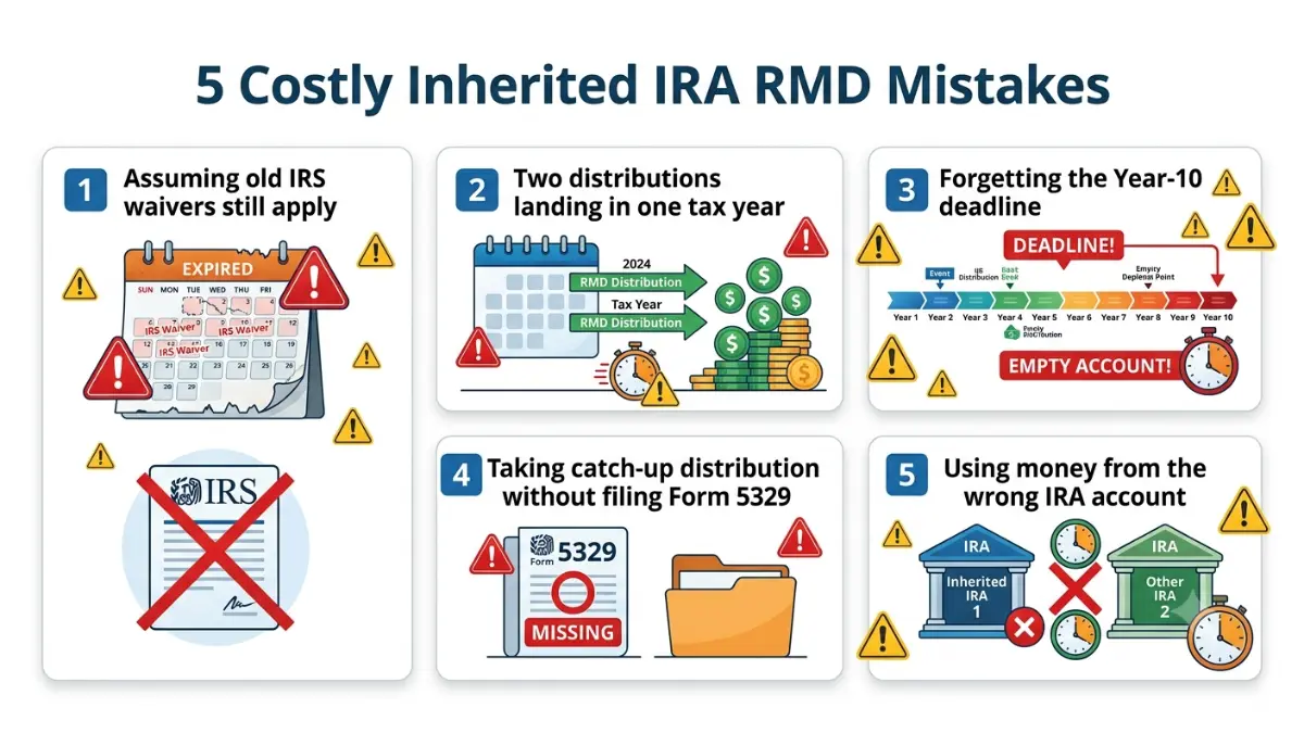 Missed Inherited IRA RMD common mistakes including relying on expired IRS waivers, missing the year-10 deadline, filing errors, and using the wrong IRA account.