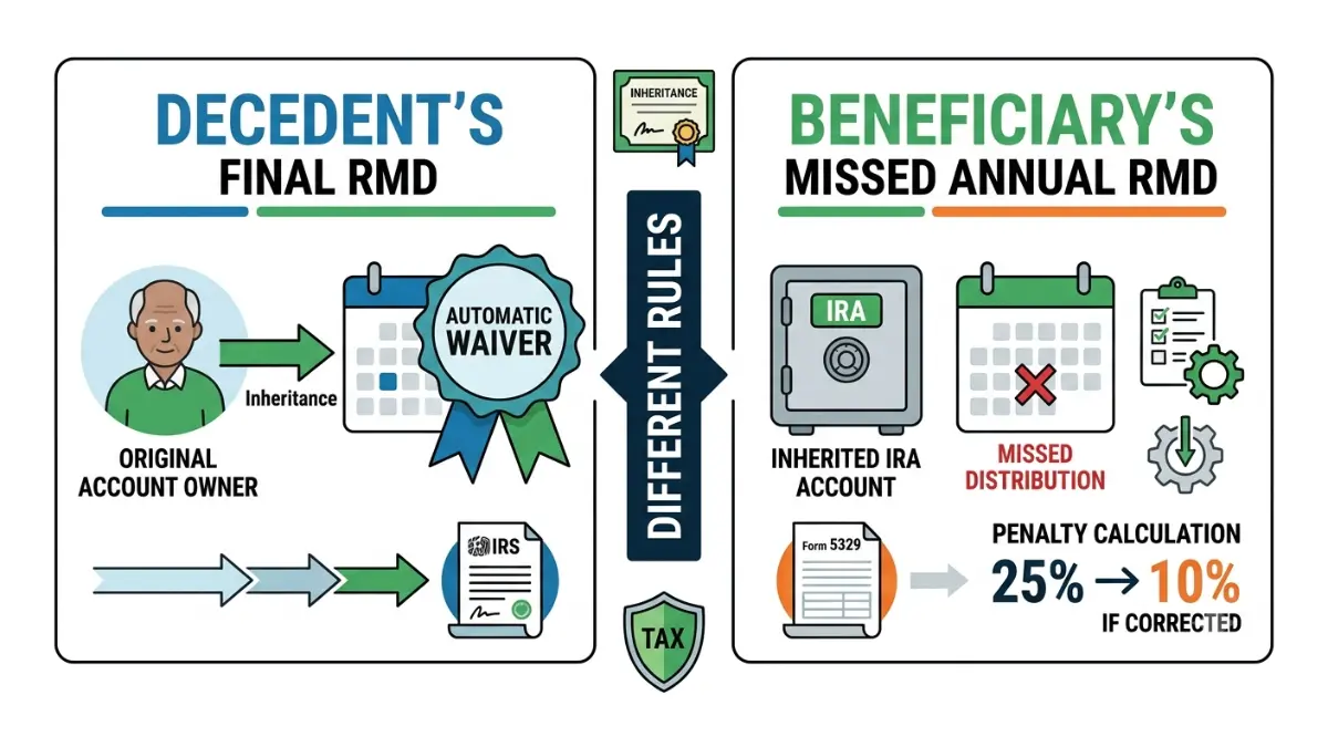 Missed Inherited IRA RMD comparison showing the difference between a decedent's final RMD and a beneficiary's missed annual inherited IRA distribution.
