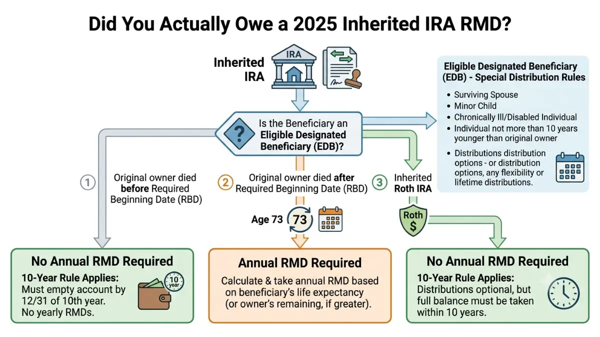 Missed Inherited IRA RMD decision tree showing whether a 2025 inherited IRA annual RMD was actually required based on beneficiary status, Roth IRA rules, and required beginning date.