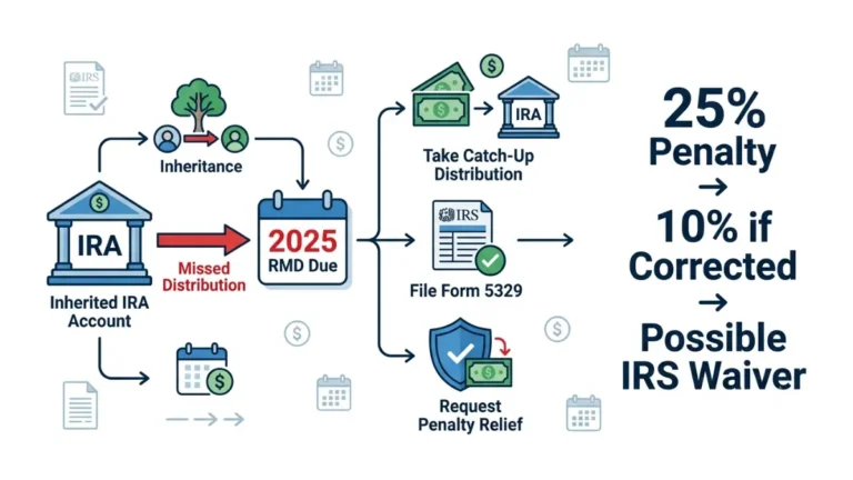 Missed Inherited IRA RMD illustrated with the correction process, Form 5329 filing, penalty reduction from 25% to 10%, and possible IRS waiver in a financial infographic.