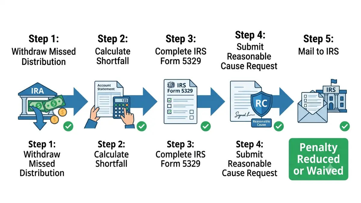 Missed Inherited IRA RMD five-step correction process including catch-up withdrawal, shortfall calculation, Form 5329 completion, reasonable cause request, and IRS filing.