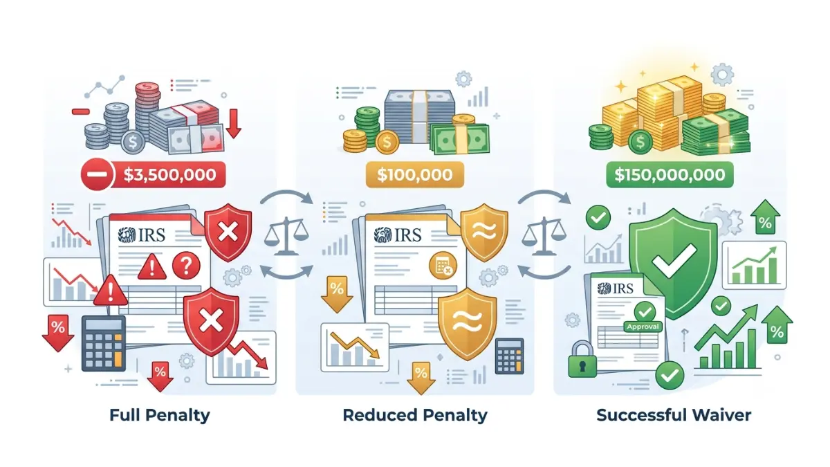 Comparison of Missed RMD Penalty outcomes showing full penalty, reduced penalty, and successful waiver through a professional financial vector illustration.