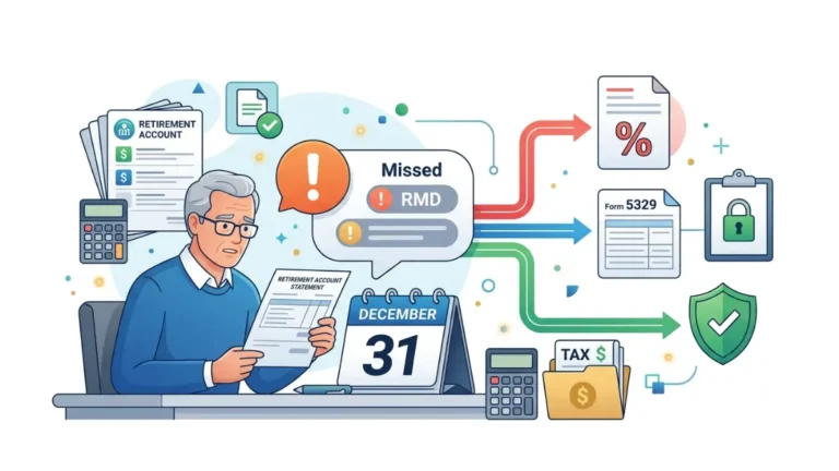 Missed RMD Penalty decision flow showing a missed required minimum distribution, IRS tax documents, Form 5329, correction options, and potential penalty waiver in a financial vector illustration.