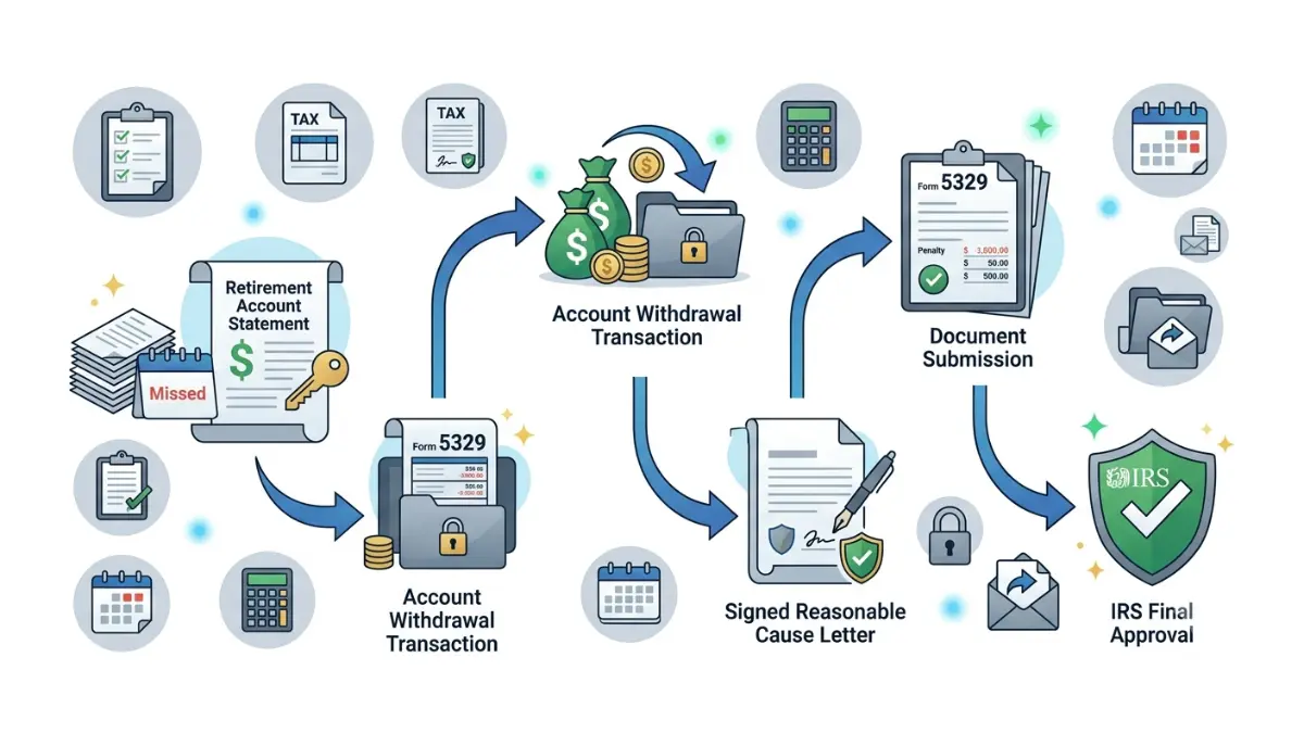 Missed RMD Penalty correction process showing Form 5329 filing, reasonable-cause letter, make-up withdrawal, and IRS submission workflow in a financial vector illustration.