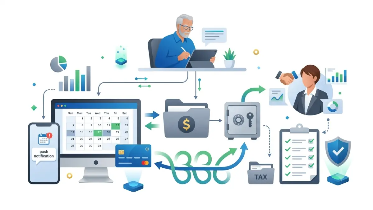Missed RMD Penalty prevention illustration showing automatic retirement withdrawals, calendar reminders, annual planning checklist, and financial organization tools.