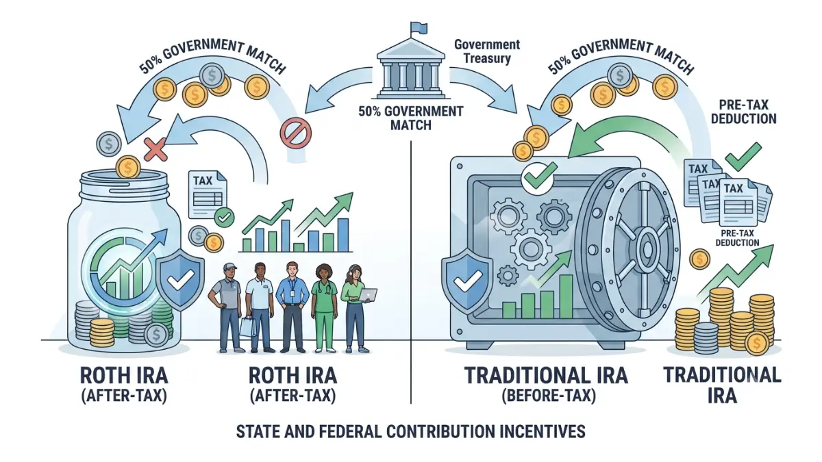 No 401(k) illustration explaining how the 2027 Saver's Match works with Roth and traditional IRA accounts