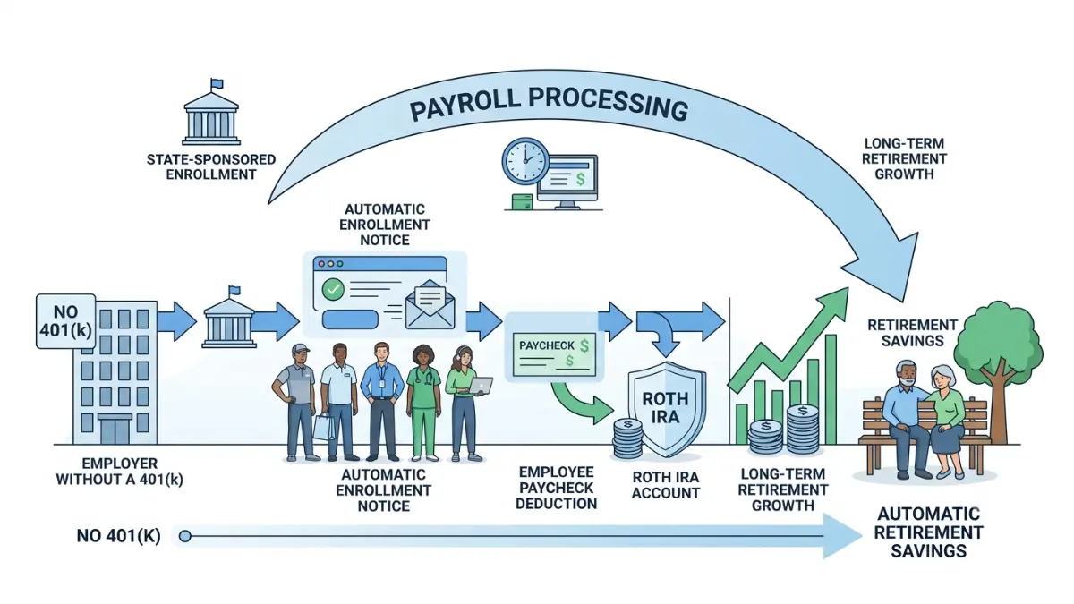 No 401(k) step-by-step illustration explaining how a state auto-IRA works through automatic payroll deductions
