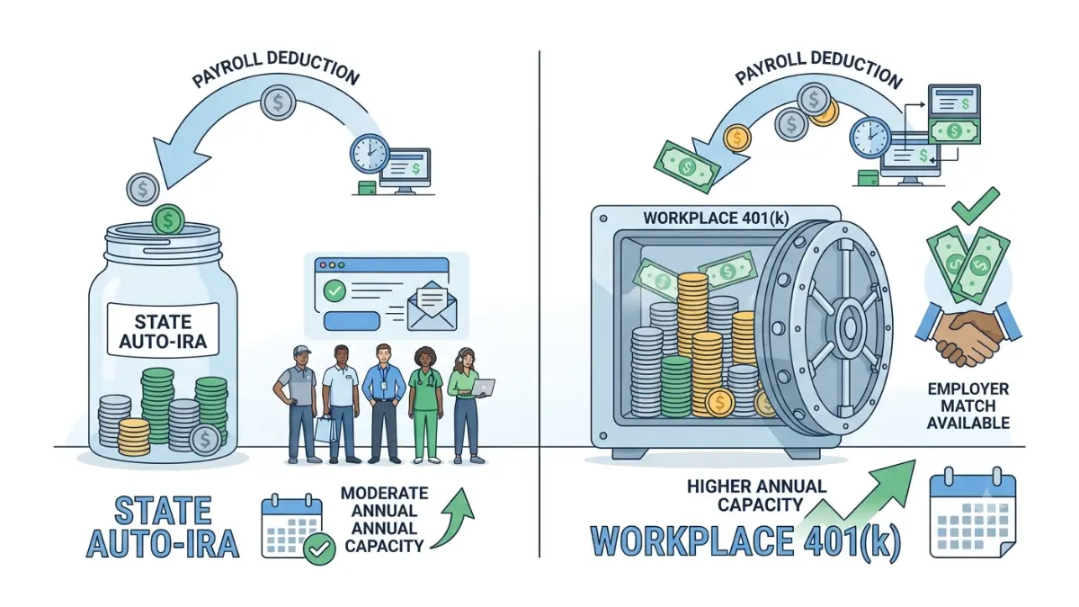 No 401(k) comparison illustration showing state auto-IRA and workplace 401(k) retirement contribution differences