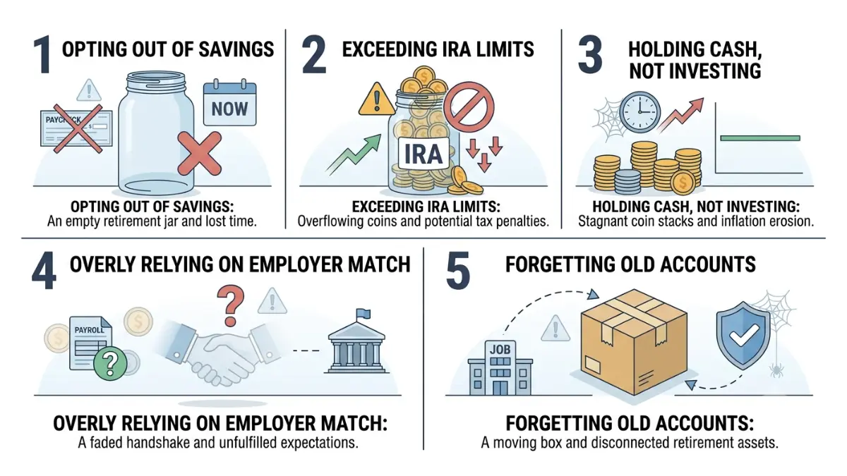 No 401(k) illustration showing five common state auto-IRA retirement saving mistakes to avoid