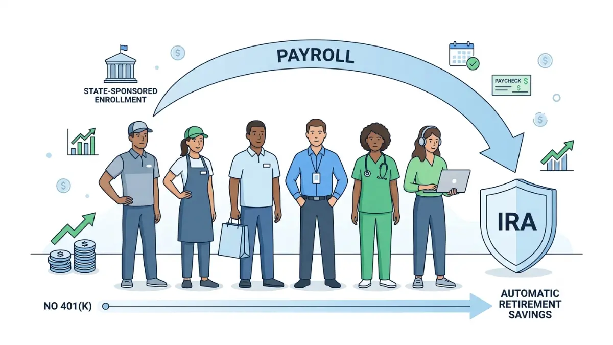 No 401(k) retirement savings illustration showing workers automatically enrolled into a state auto-IRA through payroll deduction