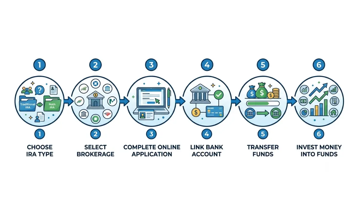Open an IRA with this six-step retirement account setup process illustration