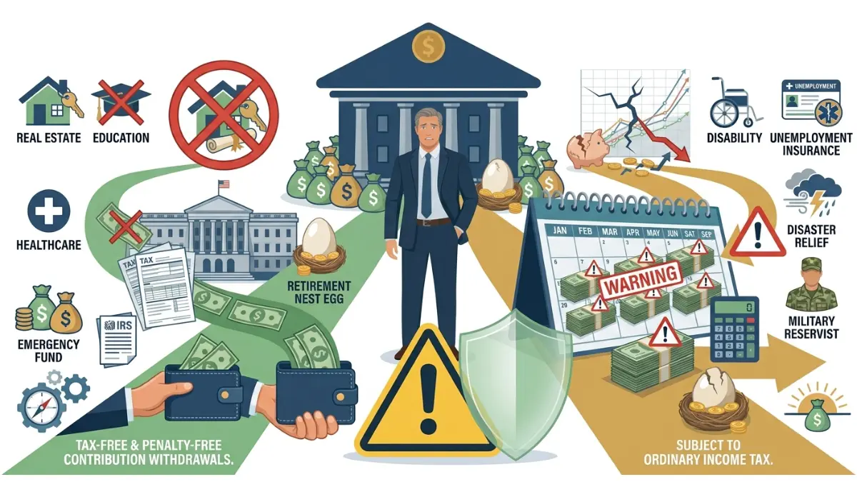 Penalty-Free IRA Withdrawal warning illustration highlighting the most common mistakes that can trigger unnecessary taxes, penalties, or lost retirement savings.