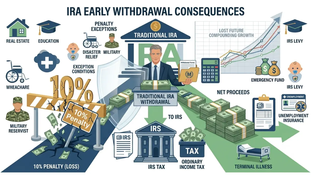 Penalty-Free IRA Withdrawal example showing how taxes, penalties, and lost investment growth affect a $20,000 early IRA withdrawal.