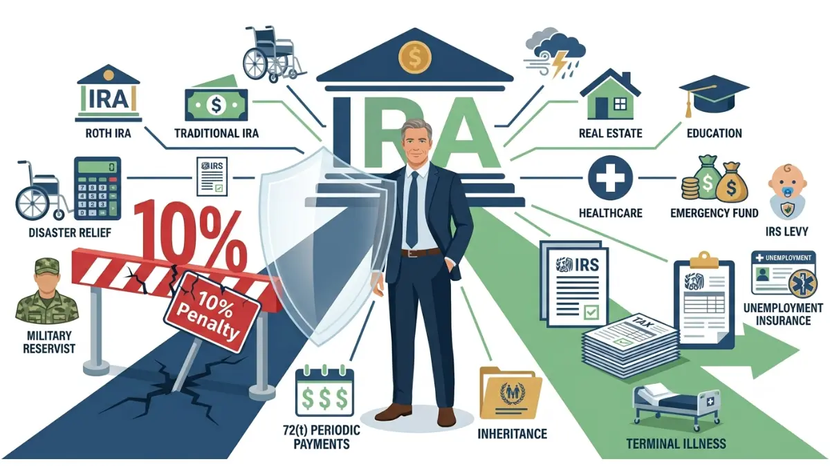 Penalty-Free IRA Withdrawal infographic illustrating the 14 IRS-approved exceptions that allow eligible individuals to avoid the 10% early withdrawal penalty.