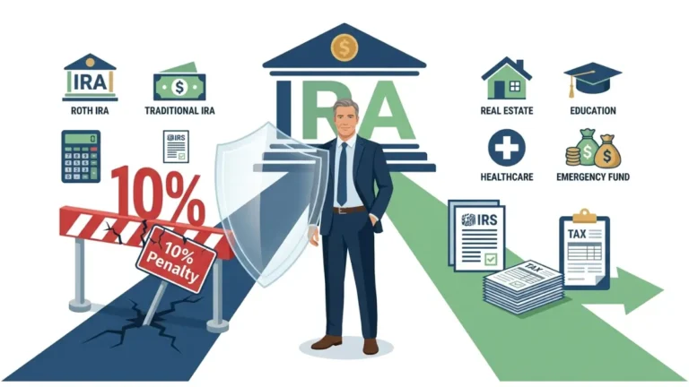 Penalty-Free IRA Withdrawal illustration showing the difference between avoiding the 10% early withdrawal penalty and still paying ordinary income tax on a Traditional IRA.