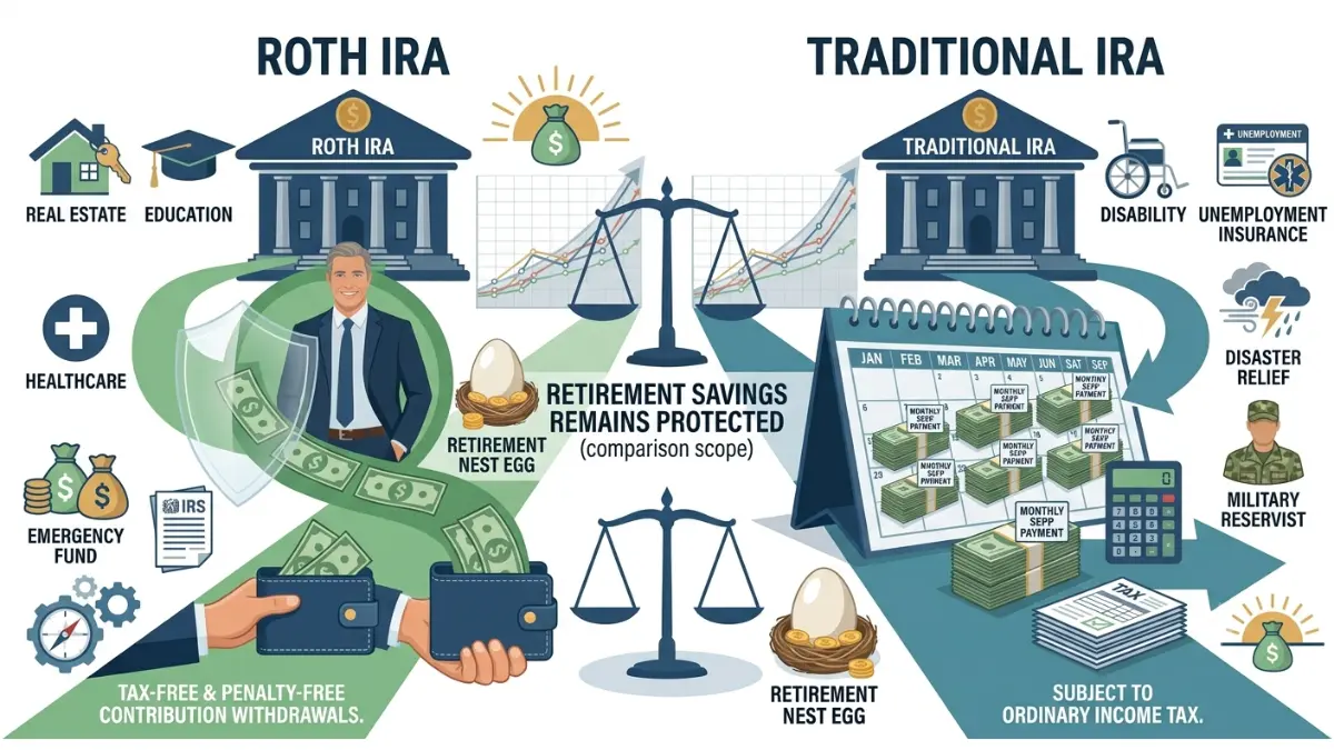 Penalty-Free IRA Withdrawal comparison illustrating Roth IRA contribution withdrawals versus 72(t) substantially equal periodic payment (SEPP) withdrawals.
