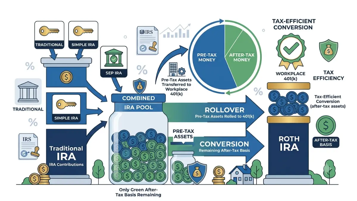 Pro-Rata Rule illustration showing how rolling pre-tax IRA funds into a 401(k) can reduce taxable Roth conversions.