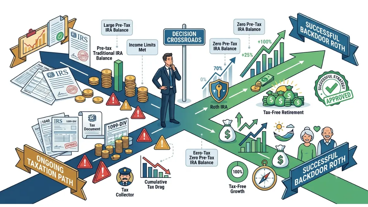 Pro-Rata Rule decision guide illustrating when a Backdoor Roth IRA strategy is beneficial based on your retirement account balances.