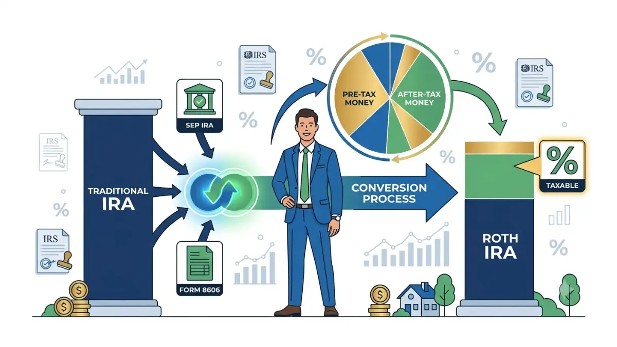 Pro-Rata Rule illustration showing how a Backdoor Roth IRA conversion becomes partially taxable when pre-tax and after-tax IRA balances are combined.