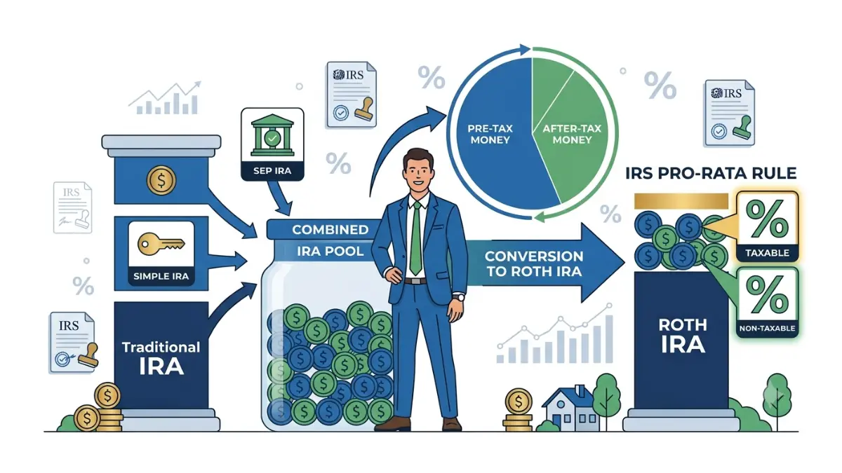 Pro-Rata Rule diagram showing Traditional IRA, SEP IRA, and SIMPLE IRA balances merging into one combined retirement account pool.
