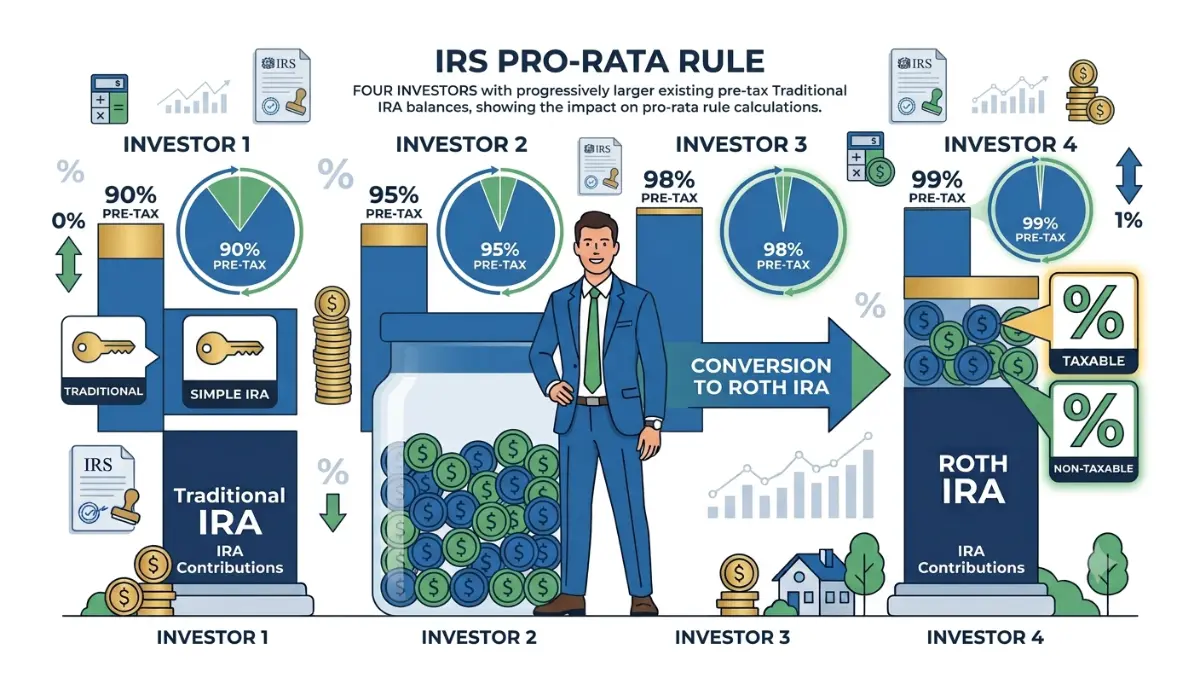 Pro-Rata Rule comparison illustrating how different pre-tax IRA balances create different taxable amounts during a Roth conversion.