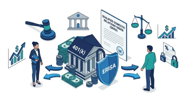 QDRO illustration showing how a court-approved order legally divides a 401(k) retirement account between spouses during divorce