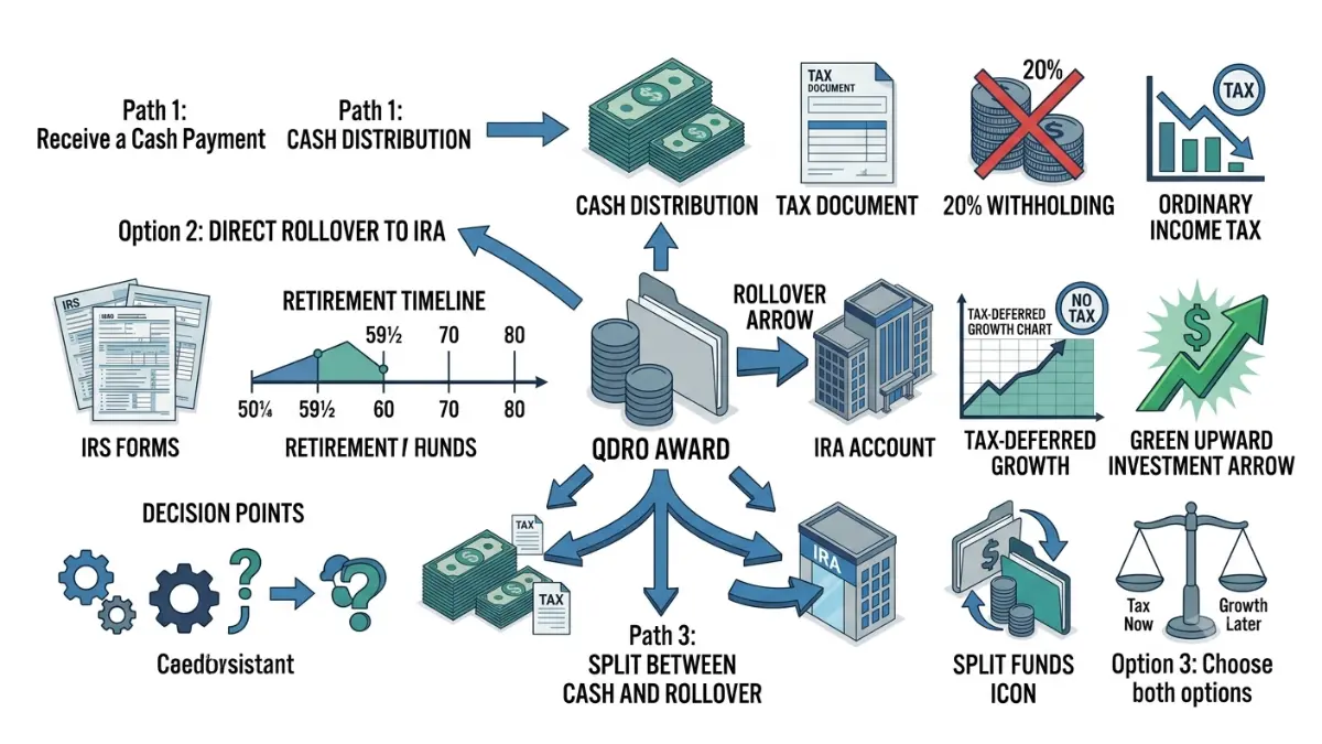 QDRO decision tree illustrating cash distribution versus IRA rollover options after receiving a 401(k) divorce settlement