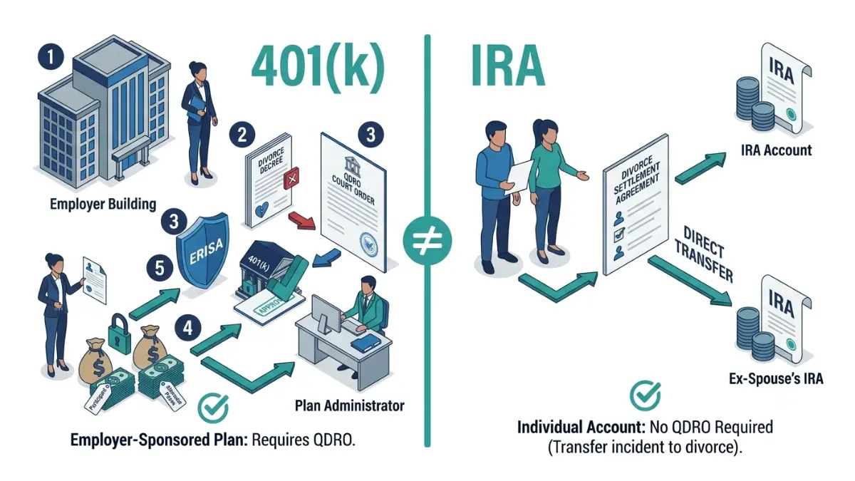 QDRO comparison illustration explaining why a 401(k) requires a QDRO while an IRA uses a transfer incident to divorce