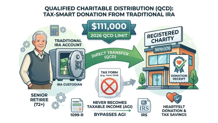 Qualified Charitable Distribution illustration showing a direct IRA-to-charity transfer that bypasses taxable income and highlights the 2026 $111,000 annual limit.