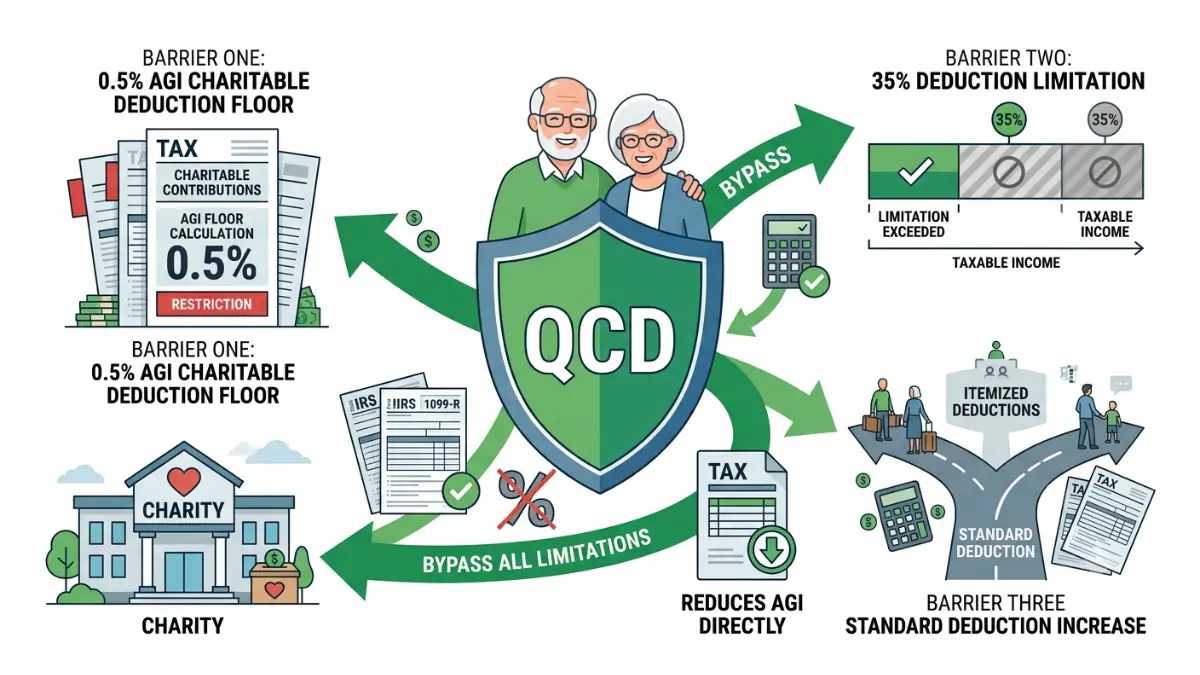 Qualified Charitable Distribution infographic illustrating how the 2026 tax law changes make direct IRA charitable giving more tax-efficient than traditional charitable deductions.