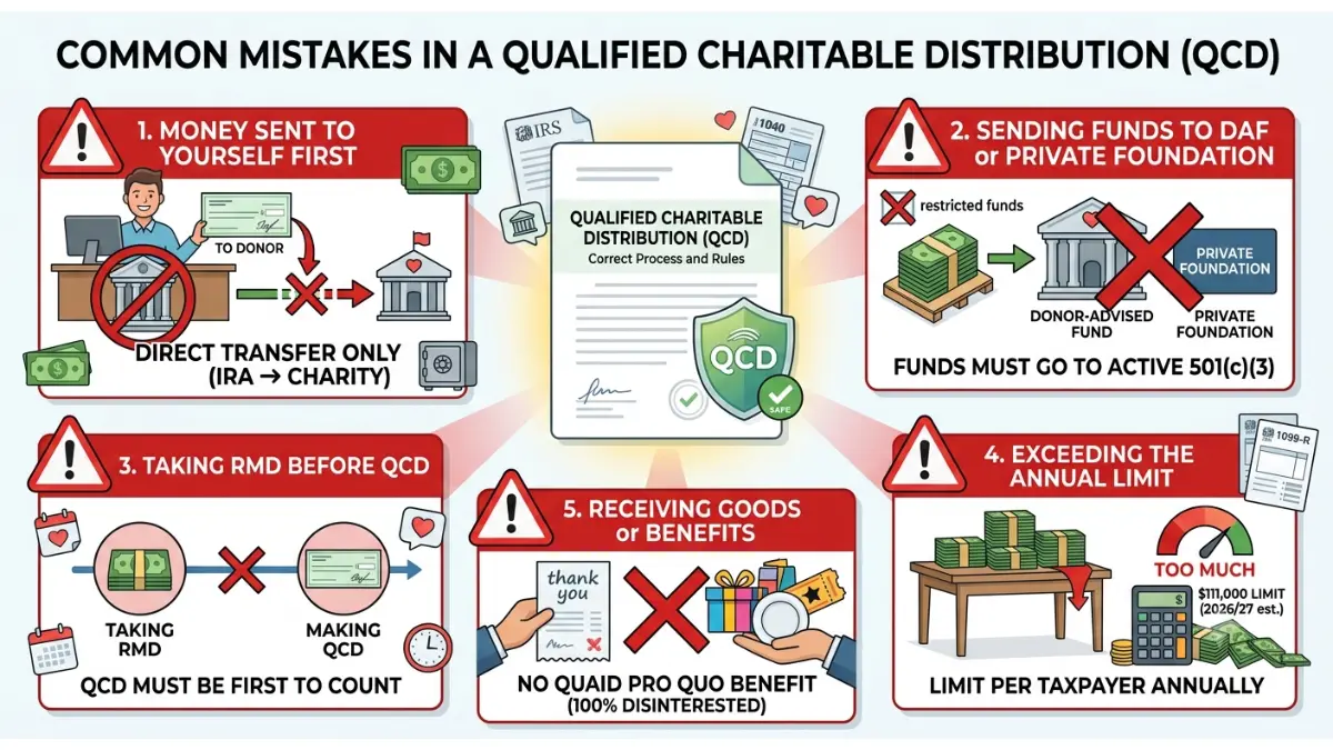 Qualified Charitable Distribution warning infographic highlighting the five most common mistakes that can make an IRA charitable transfer taxable.