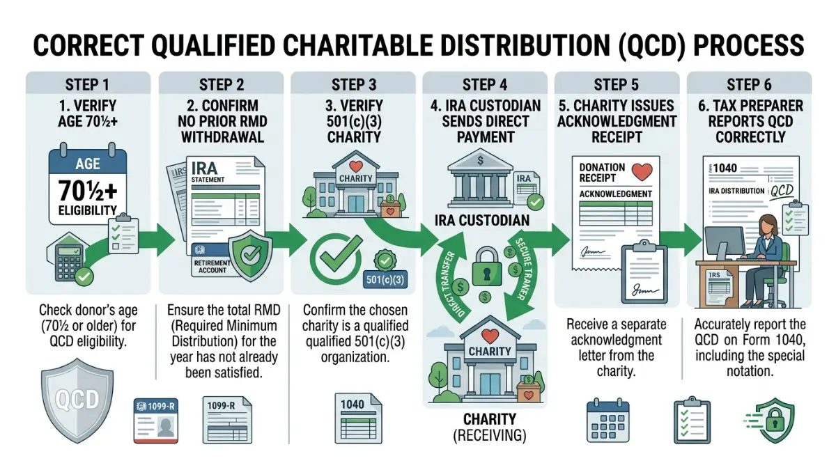 Qualified Charitable Distribution step-by-step process illustrating eligibility, direct IRA transfer, charity verification, and proper tax reporting requirements.