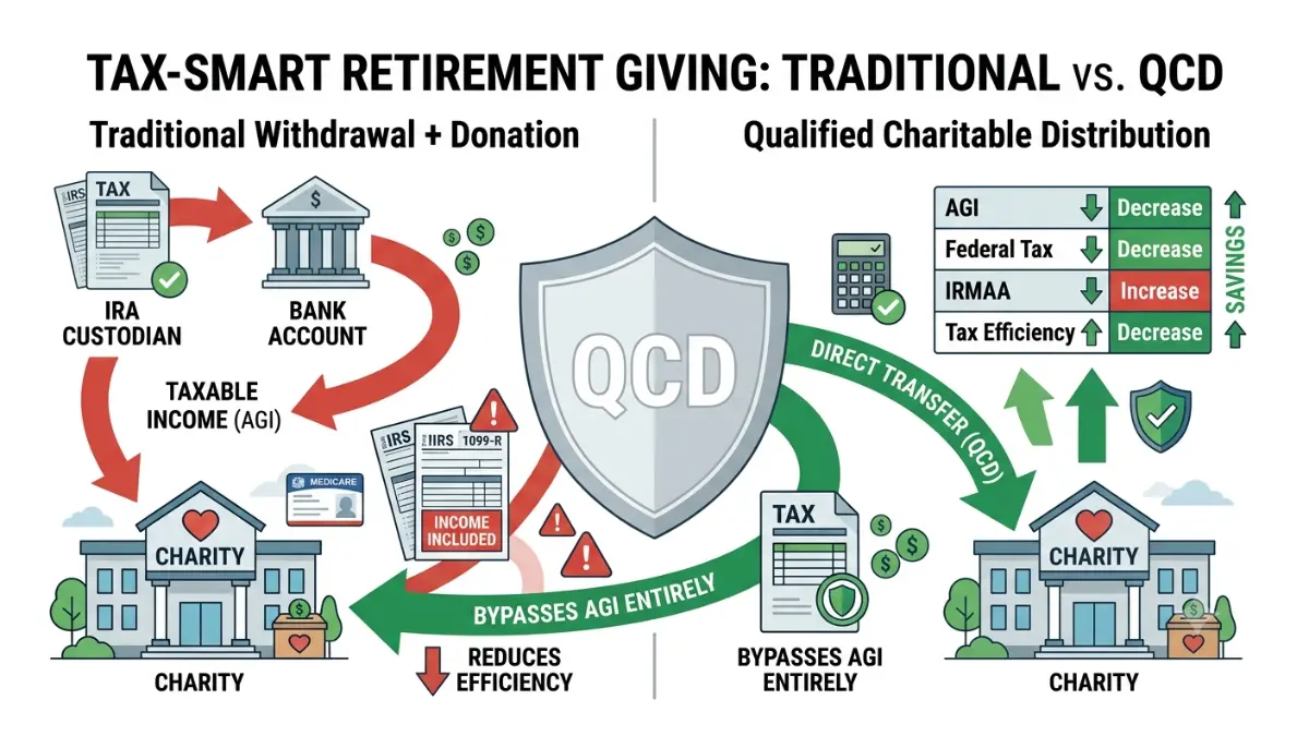 Qualified Charitable Distribution comparison showing the difference between taking an IRA withdrawal before donating and transferring funds directly to charity.