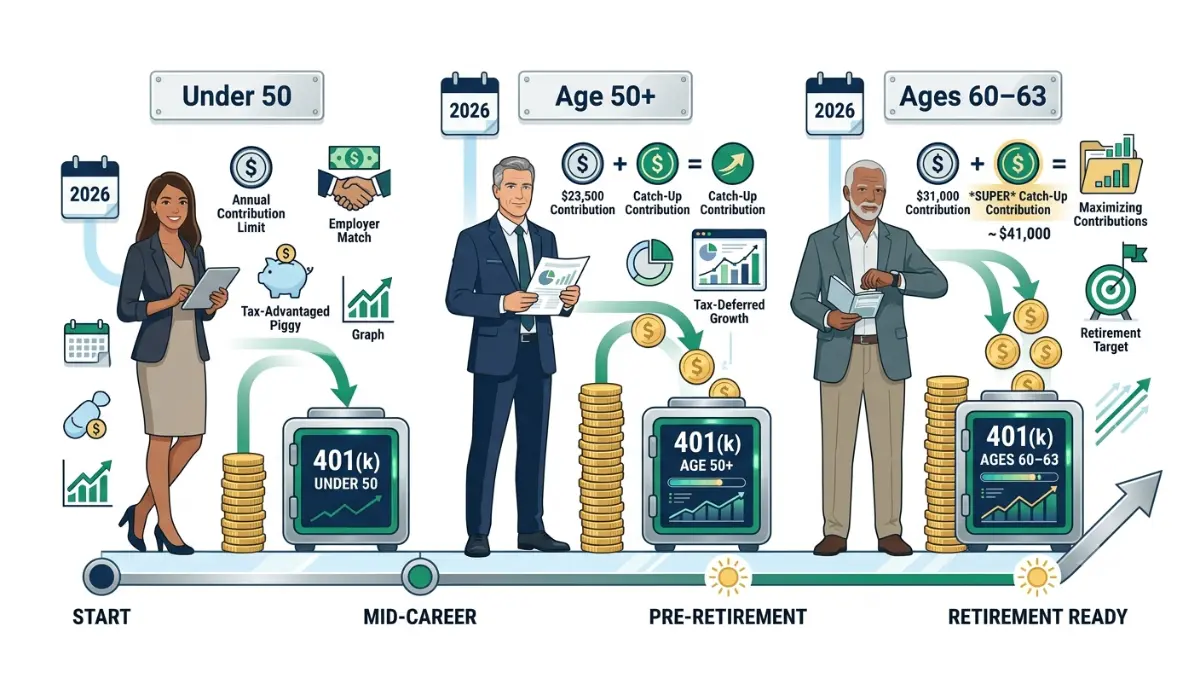 Retirement 2026 401(k) contribution limits showing standard contributions, catch-up contributions, and super catch-up limits for different age groups.