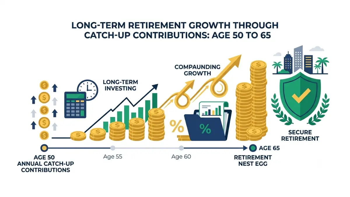 Retirement catch-up contribution growth timeline illustrating how consistent retirement savings from age 50 through 65 can benefit from compound growth.