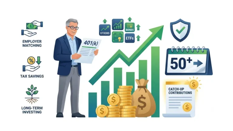 Retirement planning with 401(k) catch-up contributions after age 50 illustrated through retirement savings growth, employer matching, and long-term investing strategy.