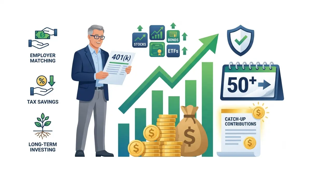 Retirement planning with 401(k) catch-up contributions after age 50 illustrated through retirement savings growth, employer matching, and long-term investing strategy.