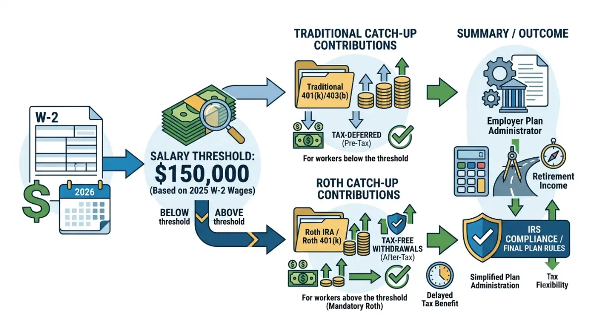 Retirement Roth catch-up contribution rule for 2026 explaining the $150,000 wage threshold and Roth contribution requirements through a financial decision flow illustration.