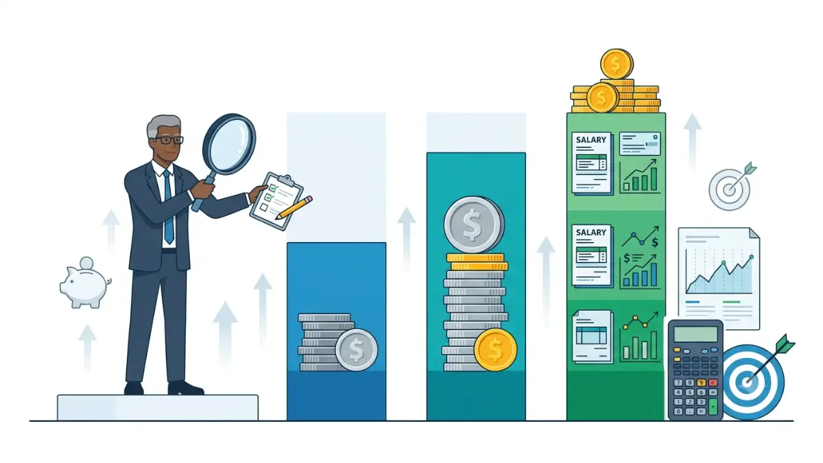 Retirement savings benchmark comparison showing average vs median 401(k) balances and recommended retirement savings milestones in a financial vector illustration.