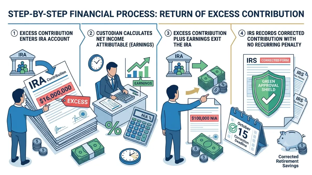 Excess IRA Contribution return process including excess removal, earnings calculation, and IRS reporting requirements