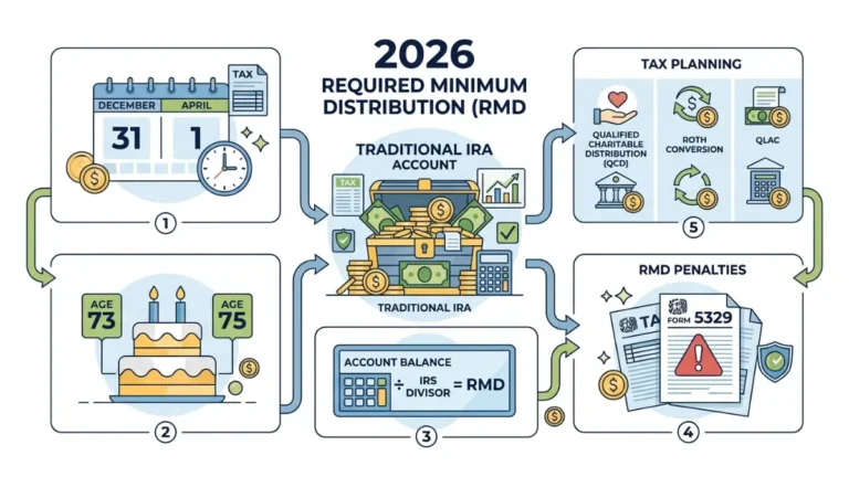 RMD Rules illustrated with a complete 2026 required minimum distribution overview showing eligible retirement accounts, starting ages, calculation formula, deadlines, penalties, and tax-saving strategies in a professional financial vector infographic.