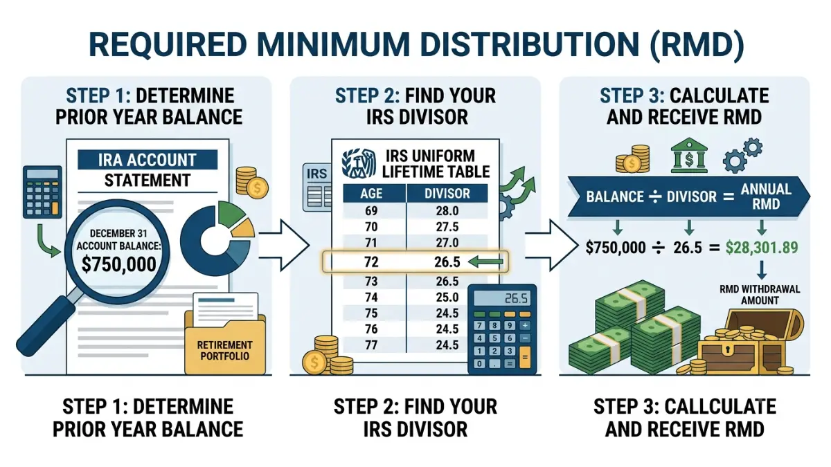 RMD Rules calculation infographic explaining how to calculate a 2026 required minimum distribution using the December 31 IRA balance and the IRS Uniform Lifetime Table divisor.