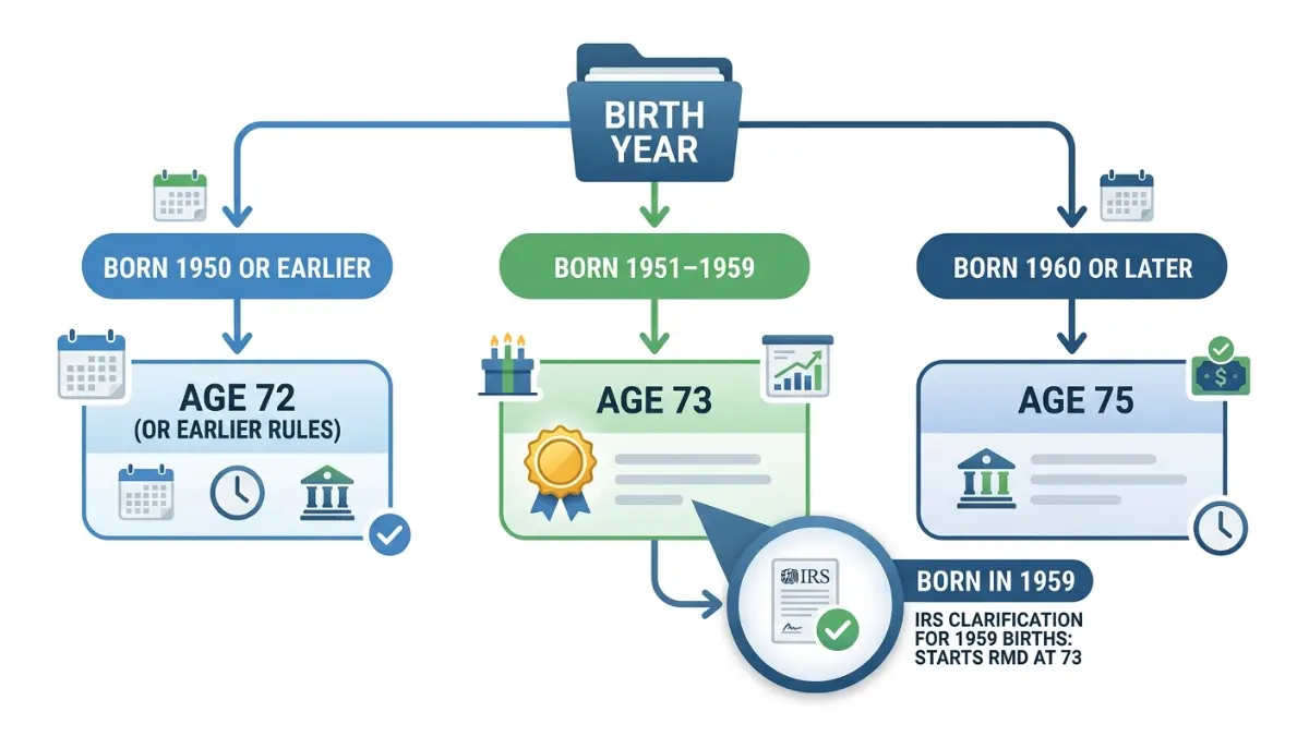 RMD Rules decision tree showing how birth year determines whether required minimum distributions begin at age 73 or age 75, including the IRS clarification for people born in 1959.