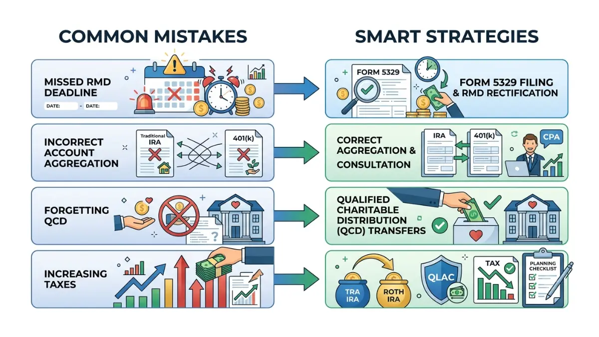 RMD Rules infographic showing common required minimum distribution mistakes, missed withdrawal penalties, IRA and 401(k) aggregation rules, QCD planning, Roth conversions, and tax-saving strategies.